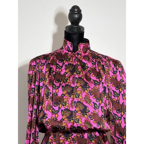 VTG Michel Goma Saks Vibrant Pink Floral Silk Long Slv Dress France 42 US M/L - Picture 2 of 11